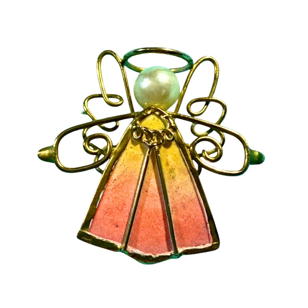 Angel Pin Brooch Antique Gold Tone Wire, Pearl Head & Stained Glass Look Dress